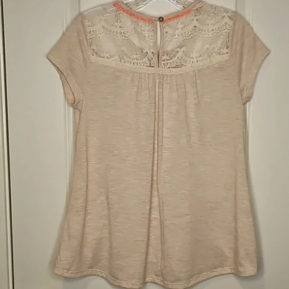 ❤️ Rewind Lace Panel Boho Blouse Medium Neutral Feminine Lace Short Sleeve Top - Picture 4 of 12